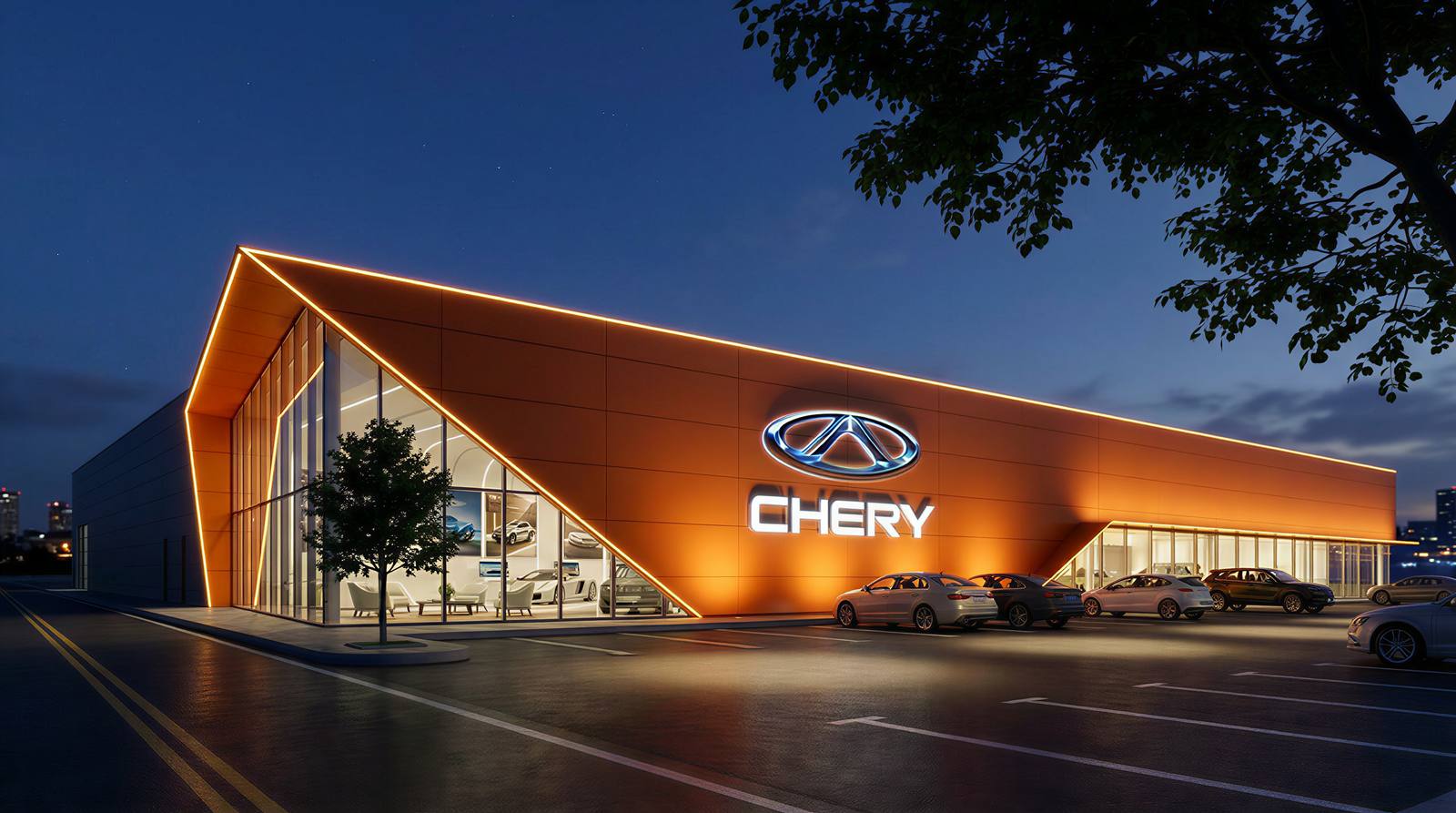 Chery showroom night facade