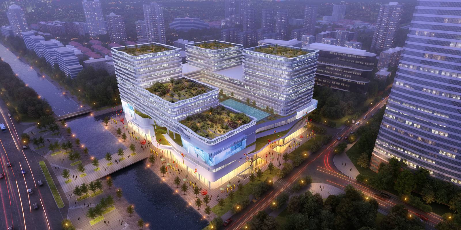 Zhuhai Hengqin Apartments aerial night rendering